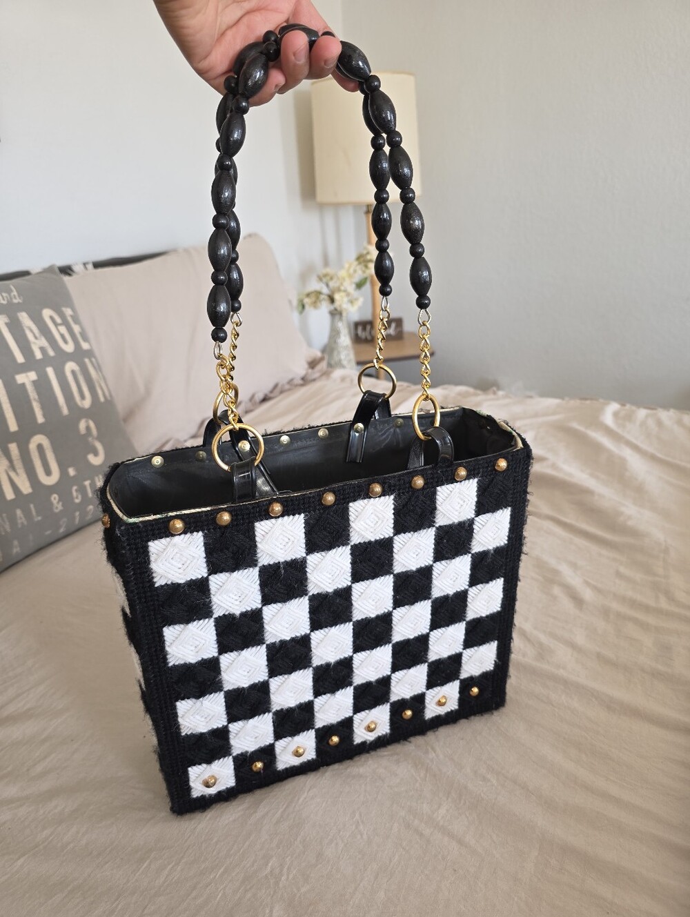 Vintage Handmade Black & White Checkered Bag